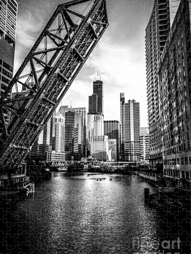 Chicago Kinzie Street Bridge Black And White Picture Jigsaw Puzzle