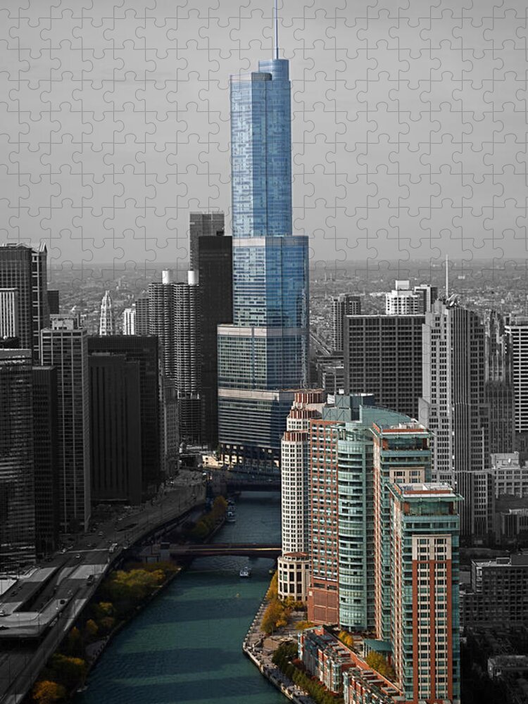 Il Jigsaw Puzzle featuring the photograph Chicago Trump Tower Blue Selective Coloring by Thomas Woolworth