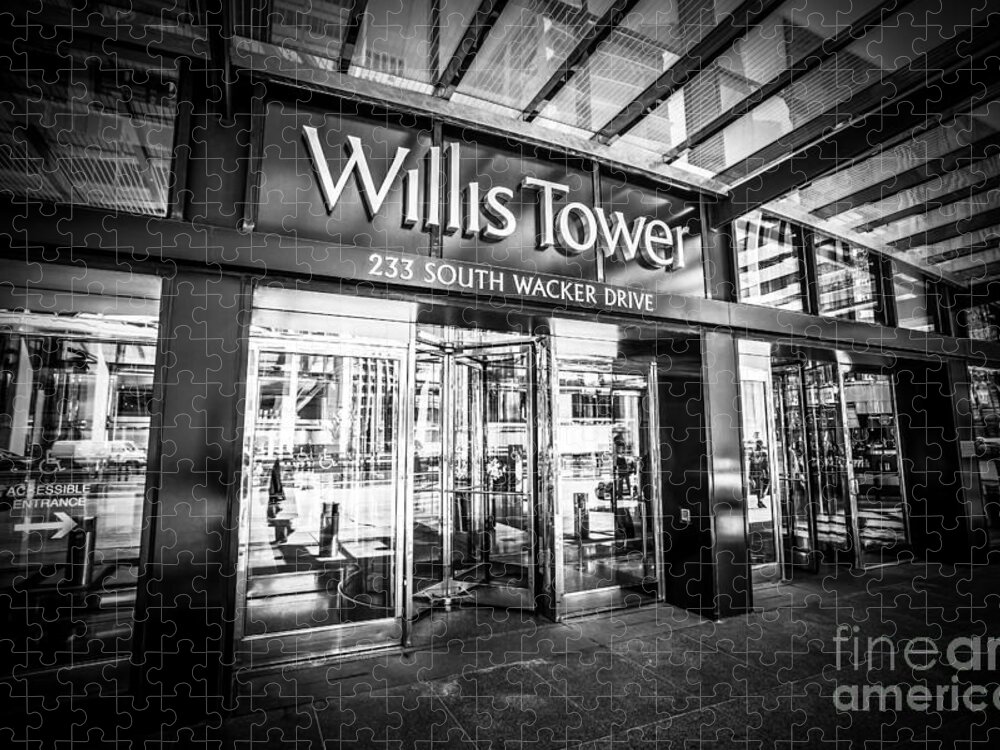 America Jigsaw Puzzle featuring the photograph Chicago Willis-Sears Tower Sign in Black and White by Paul Velgos