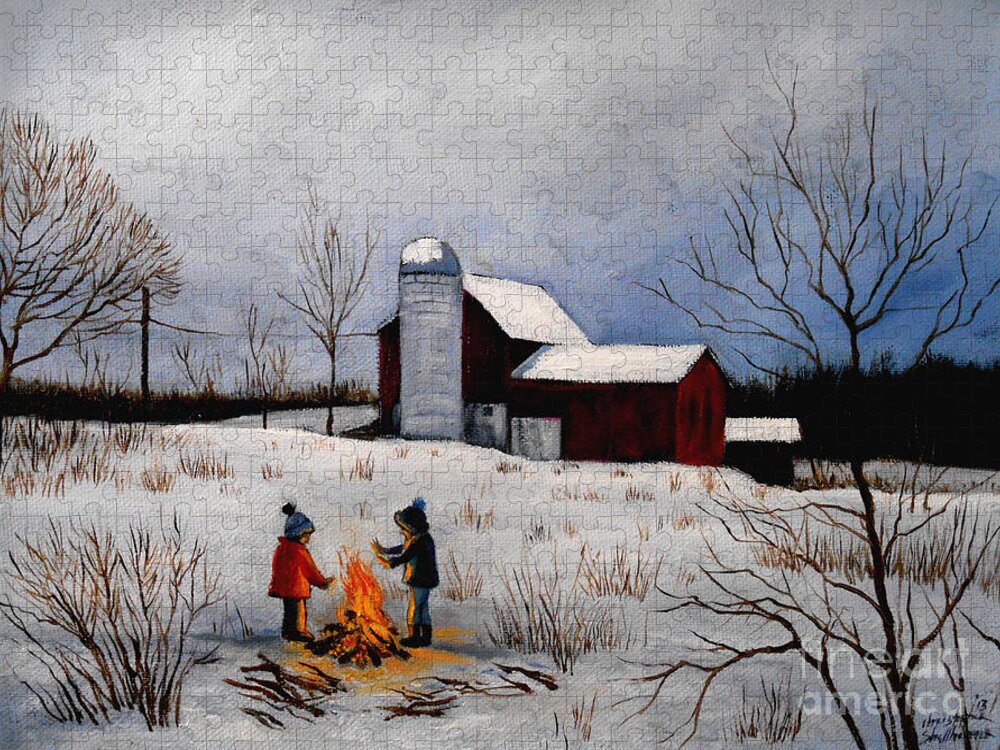 Farm Jigsaw Puzzle featuring the painting Children warming up by the fire by Christopher Shellhammer