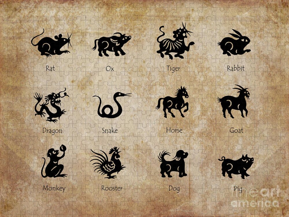 Chinese Jigsaw Puzzle featuring the digital art Animals of the Chinese zodiac by Delphimages Photo Creations