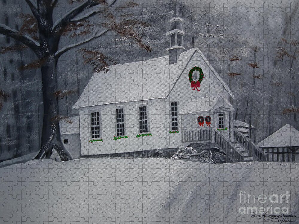 Christmas Jigsaw Puzzle featuring the painting Christmas Card - Snow - Gates Chapel by Jan Dappen