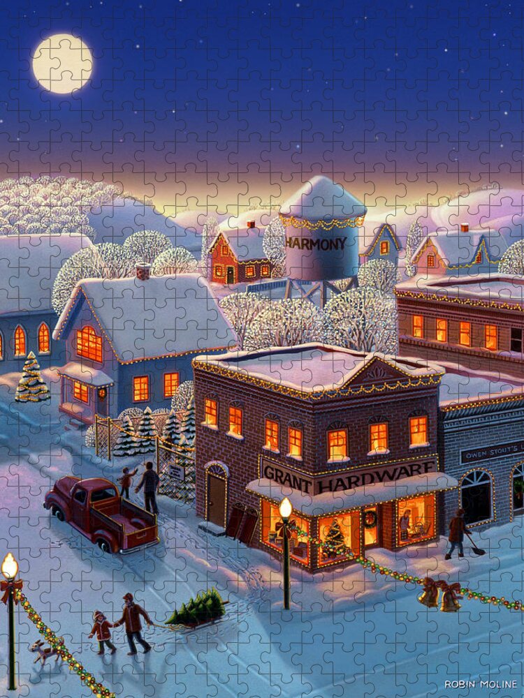 Winter Town Jigsaw Puzzle featuring the painting Christmas in Harmony by Robin Moline