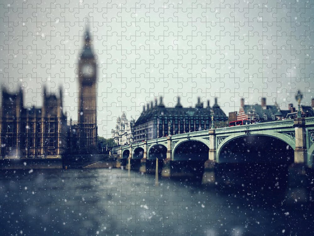 Clock Tower Jigsaw Puzzle featuring the photograph Christmas Snow In London by Alexsl