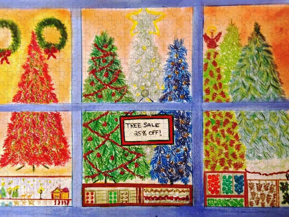 Window Display Jigsaw Puzzle featuring the pastel Christmas Tree Sale by Renee Michelle Wenker