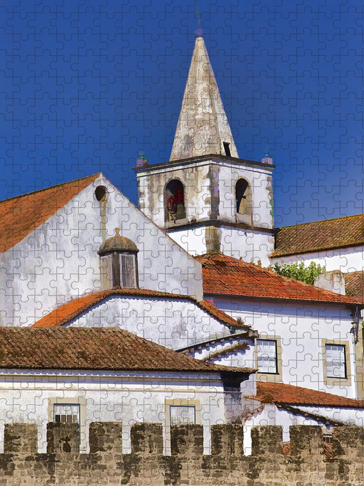 Blue Sky Jigsaw Puzzle featuring the photograph Church Steeple of the Medieval Village of Obidos by David Letts