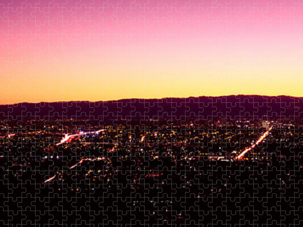 Photography Jigsaw Puzzle featuring the photograph City Lit Up At Dusk, Silicon Valley by Panoramic Images
