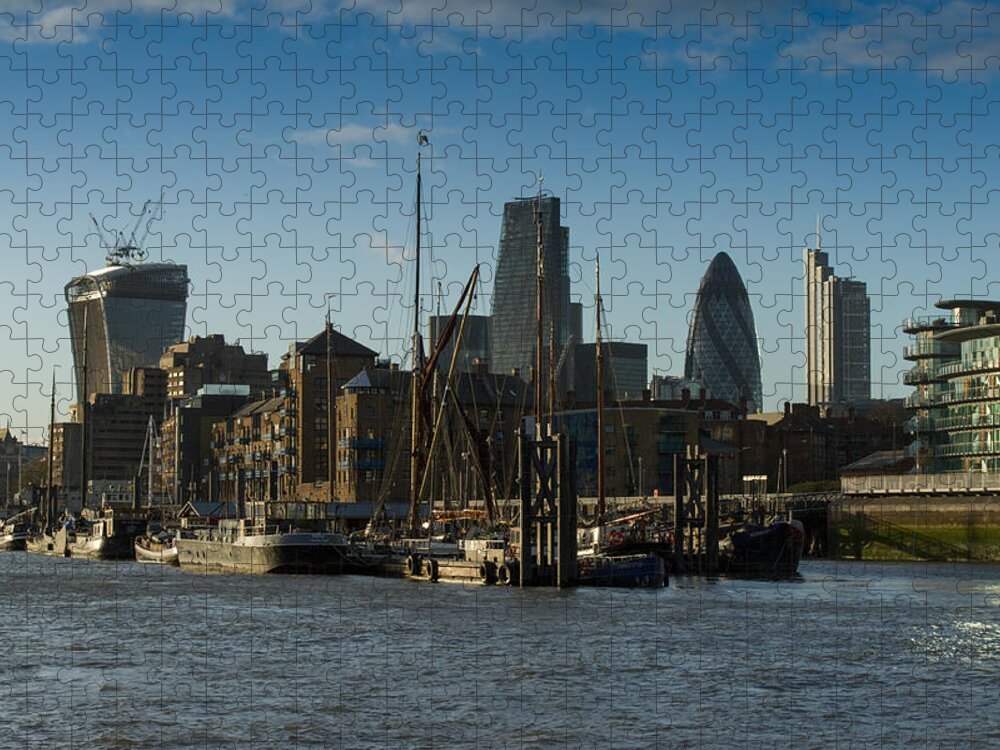 Cheese Grater Building Jigsaw Puzzle featuring the photograph City of London river barges Wapping by Gary Eason