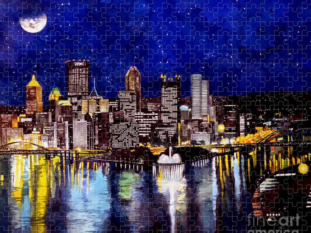 Supermoon Jigsaw Puzzle featuring the painting City of Pittsburgh at the Point by Christopher Shellhammer