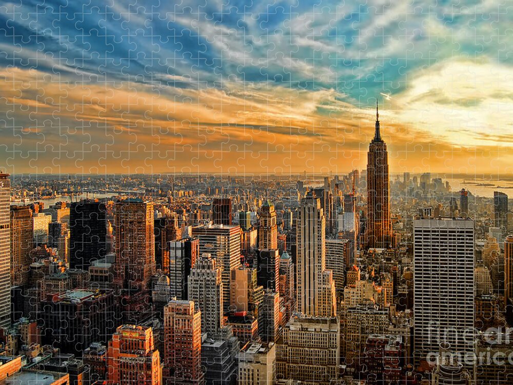 New York City Jigsaw Puzzle featuring the photograph City Sunset New York City USA by Sabine Jacobs