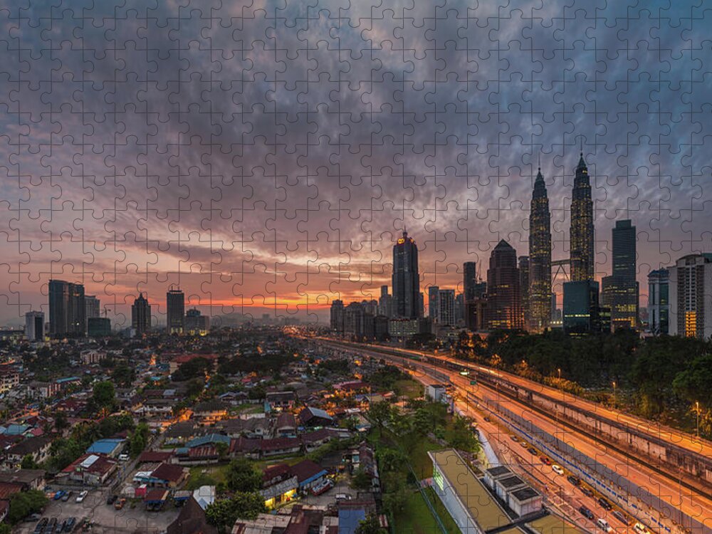 Land Vehicle Jigsaw Puzzle featuring the photograph Cityscape Kuala Lumpur On A Dramatic by Hafidzabdulkadir Photography