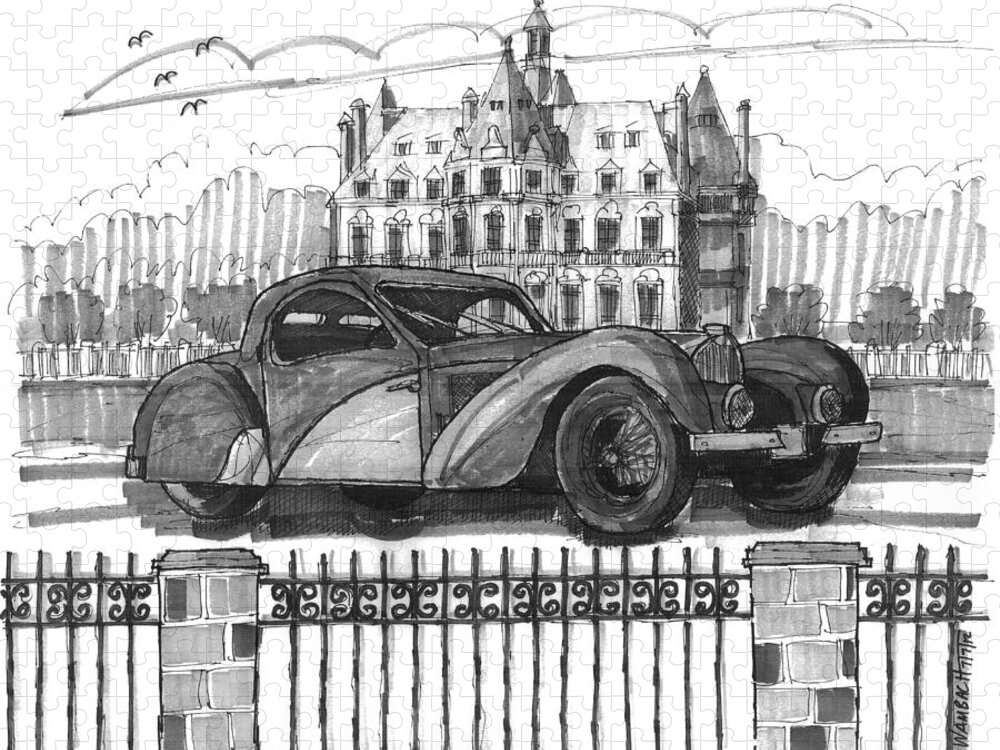Classic Auto Jigsaw Puzzle featuring the drawing Classic Auto with Chateau by Richard Wambach