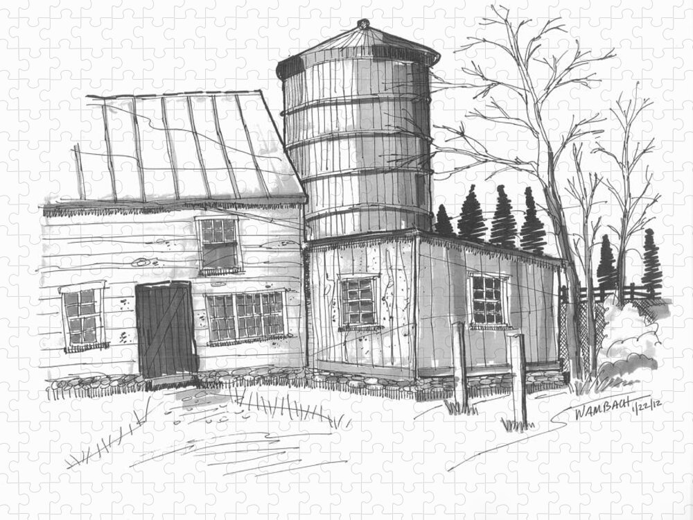 Barn Jigsaw Puzzle featuring the drawing Clermont Barn 1 by Richard Wambach