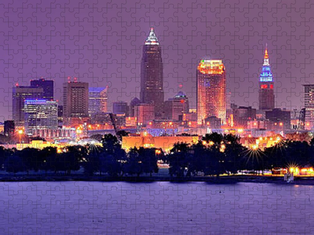 #faatoppicks Jigsaw Puzzle featuring the photograph Cleveland Skyline at Night Evening Panorama by Jon Holiday