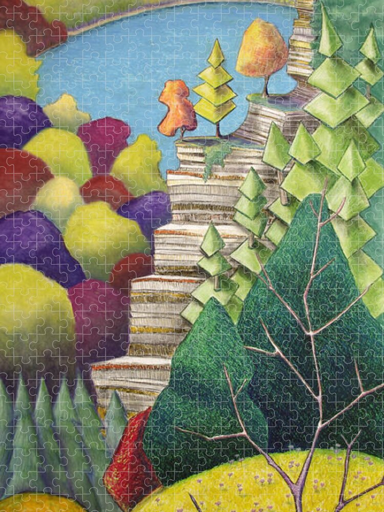 Cliff Jigsaw Puzzle featuring the mixed media Cliff Overlooking Lake with Colorful Trees by Michele Fritz