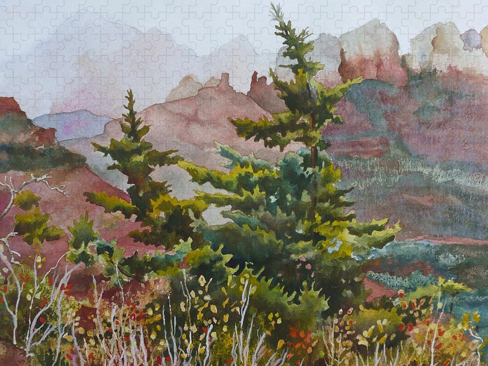 Pine Tree Painting Jigsaw Puzzle featuring the painting Cliffs Near Sedona by Anne Gifford
