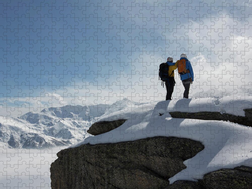 Expertise Jigsaw Puzzle featuring the photograph Climbers Stand On Snowy Mountain by Ascent Xmedia