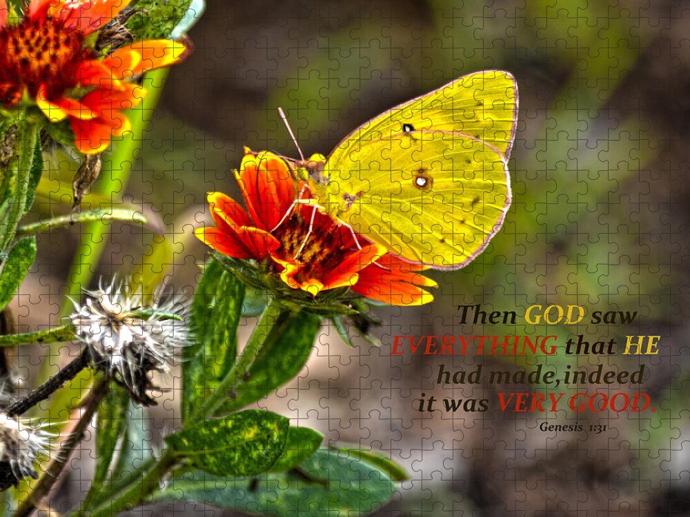 Cloudless Sulphur Butterfly Jigsaw Puzzle featuring the photograph Cloudless Sulphur Butterfly And Scripture by Sandi OReilly