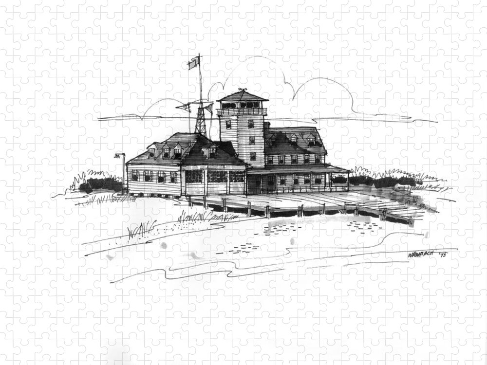 Coast Guard Stations Jigsaw Puzzle featuring the drawing Coast Guard Station 2 Ocracoke 1970s by Richard Wambach