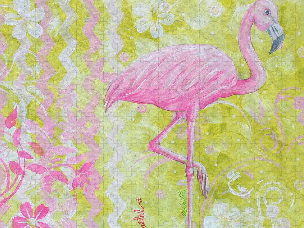 Flamingo Jigsaw Puzzle featuring the painting Coastal Decorative Pink Green Floral Chevron Pattern Art FLAMINGO DANCE by MADART by Megan Aroon