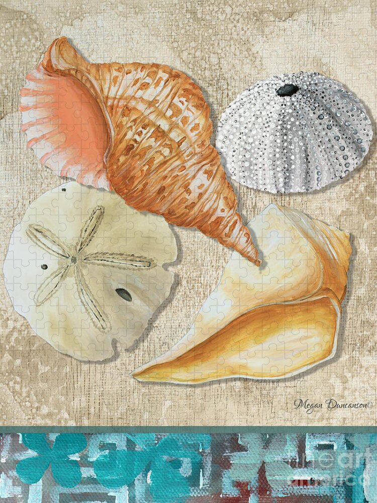 Coastal Jigsaw Puzzle featuring the painting Coastal Sea Shell Painting Original Art At the Beach by Megan Duncanson by Megan Aroon