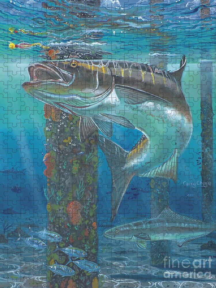 Cobia Jigsaw Puzzle featuring the painting Cobia Strike In0024 by Carey Chen