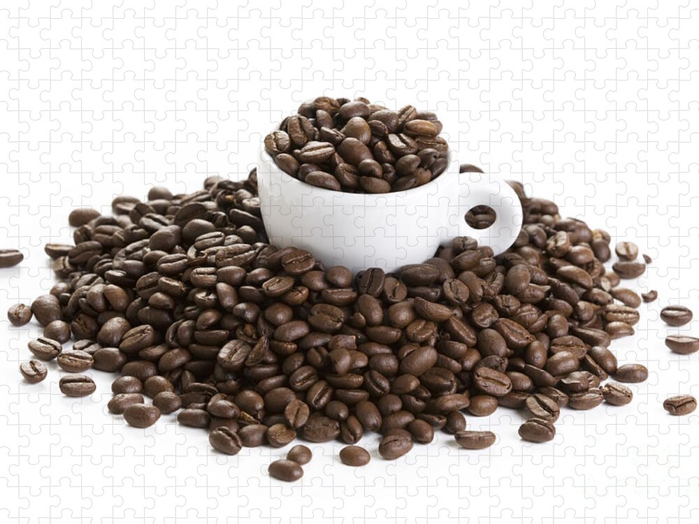 Coffee Jigsaw Puzzle featuring the photograph Coffee Beans And Coffee Cup Isolated On White by Lee Avison