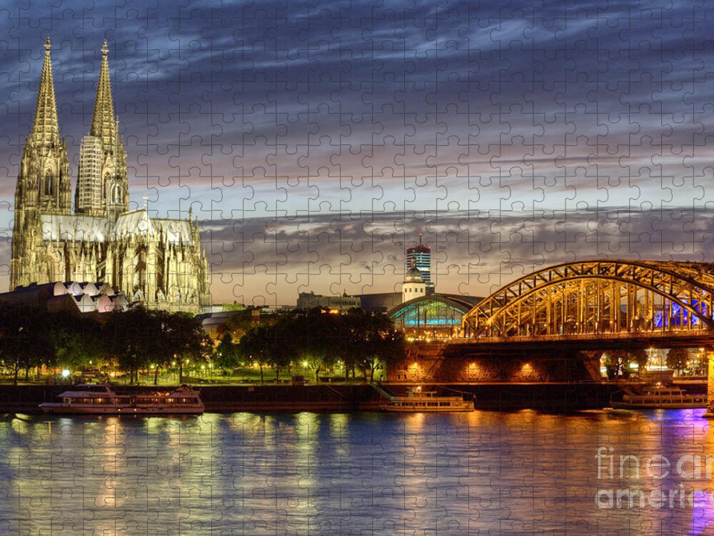 Cologne Jigsaw Puzzle featuring the photograph Cologne Cathedral with Rhine Riverside by Heiko Koehrer-Wagner