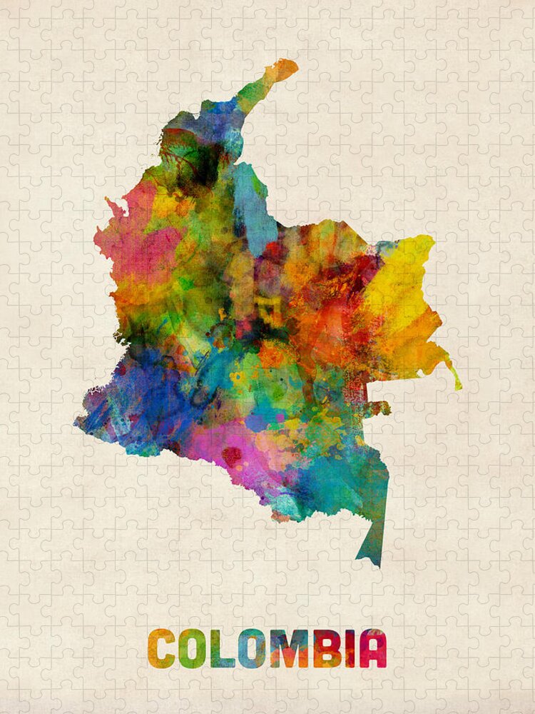 Urban Jigsaw Puzzle featuring the digital art Colombia Watercolor Map by Michael Tompsett