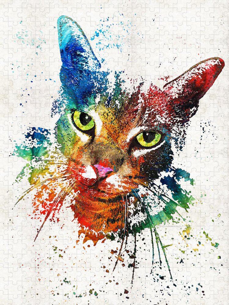 Cat Jigsaw Puzzle featuring the painting Colorful Cat Art by Sharon Cummings by Sharon Cummings