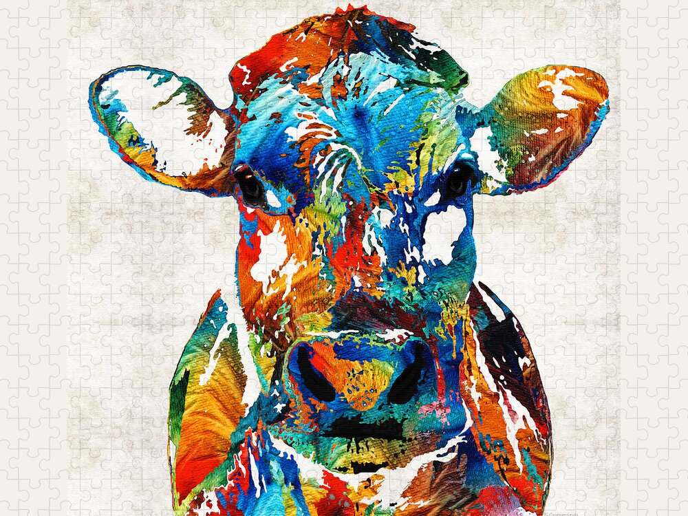 Bull Jigsaw Puzzle featuring the painting Colorful Cow Art - Mootown - By Sharon Cummings by Sharon Cummings