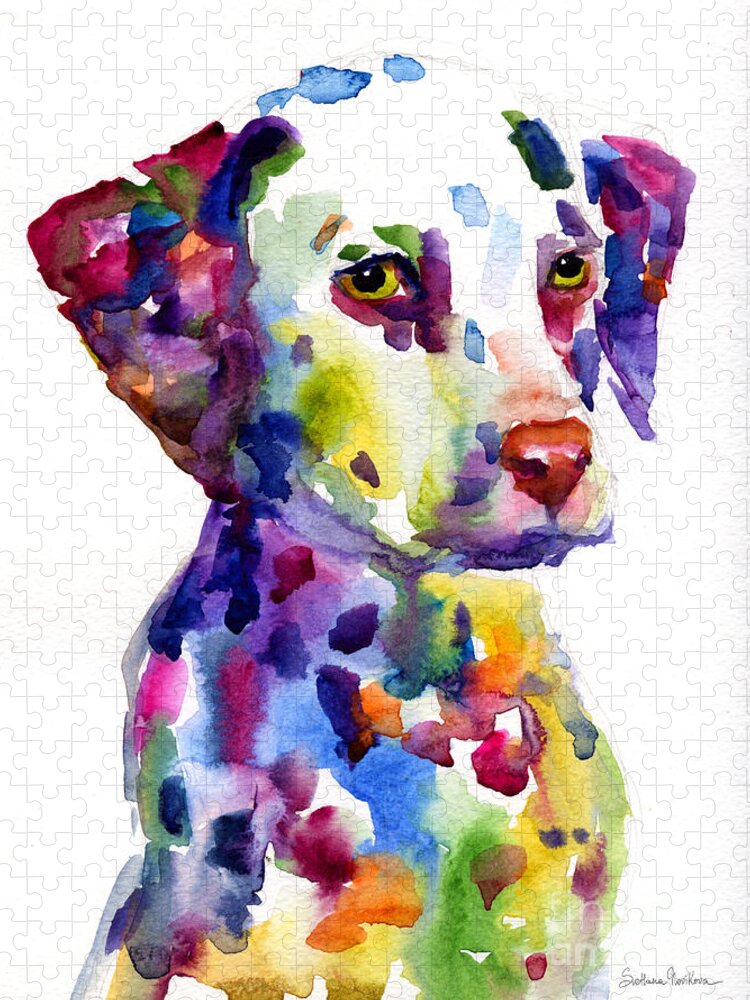 Dalmatian Jigsaw Puzzle featuring the painting Colorful Dalmatian puppy dog portrait art by Svetlana Novikova
