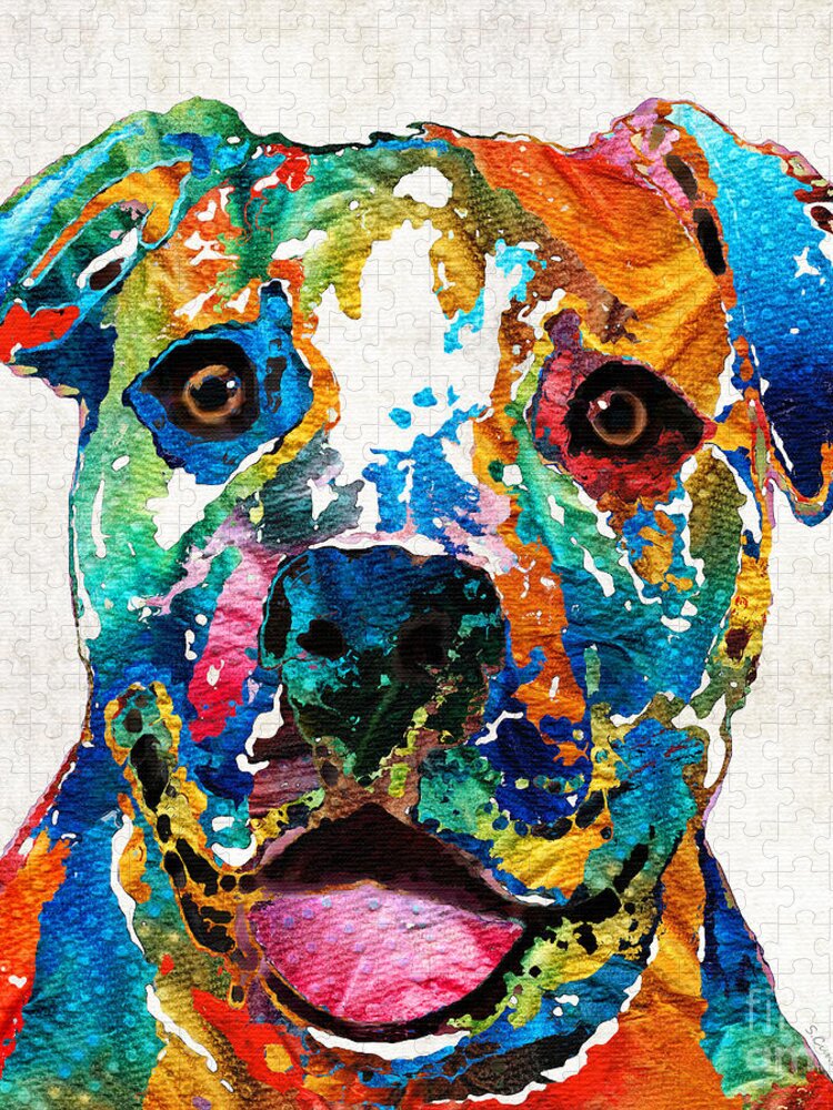 Colorful Dog Pit Bull Art - Happy - By Sharon Cummings Jigsaw Puzzle by  Sharon Cummings - Pixels