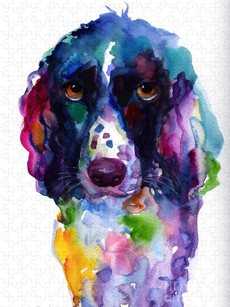 Hunter Dog Jigsaw Puzzle featuring the painting Colorful English Springer Setter Spaniel dog portrait art by Svetlana Novikova
