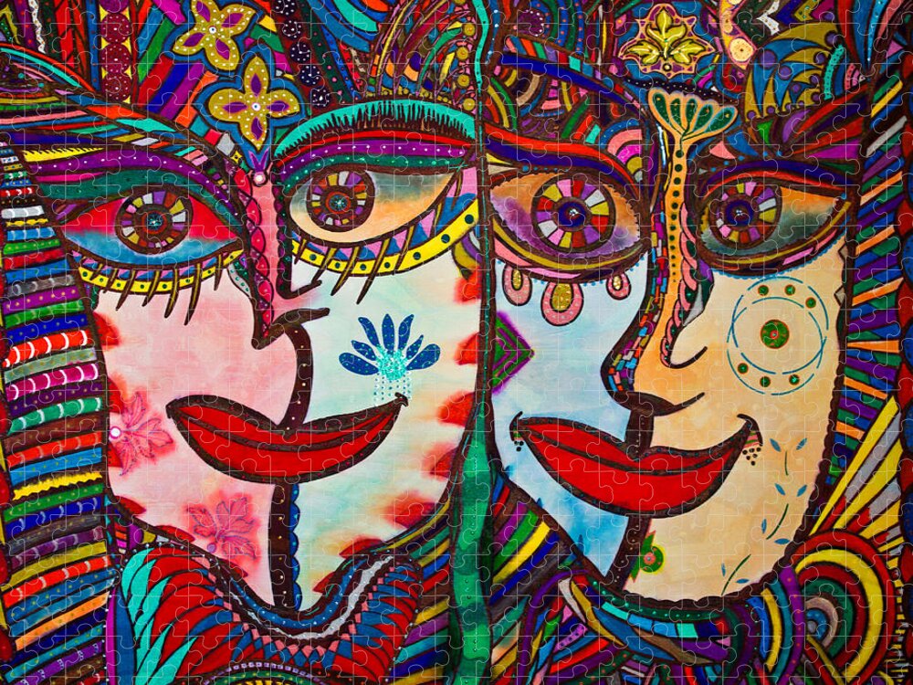 Colorful Faces Jigsaw Puzzle featuring the painting Colorful Faces Gazing - Ink Abstract Faces by Marie Jamieson