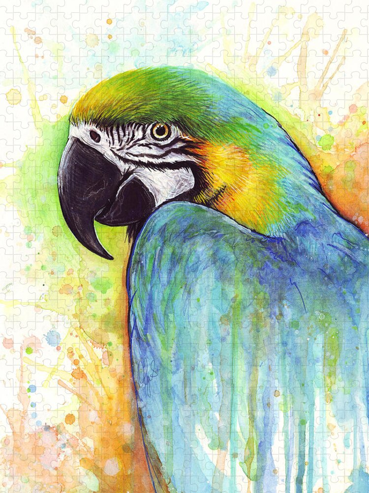 Watercolor Painting Jigsaw Puzzle featuring the painting Macaw Painting by Olga Shvartsur