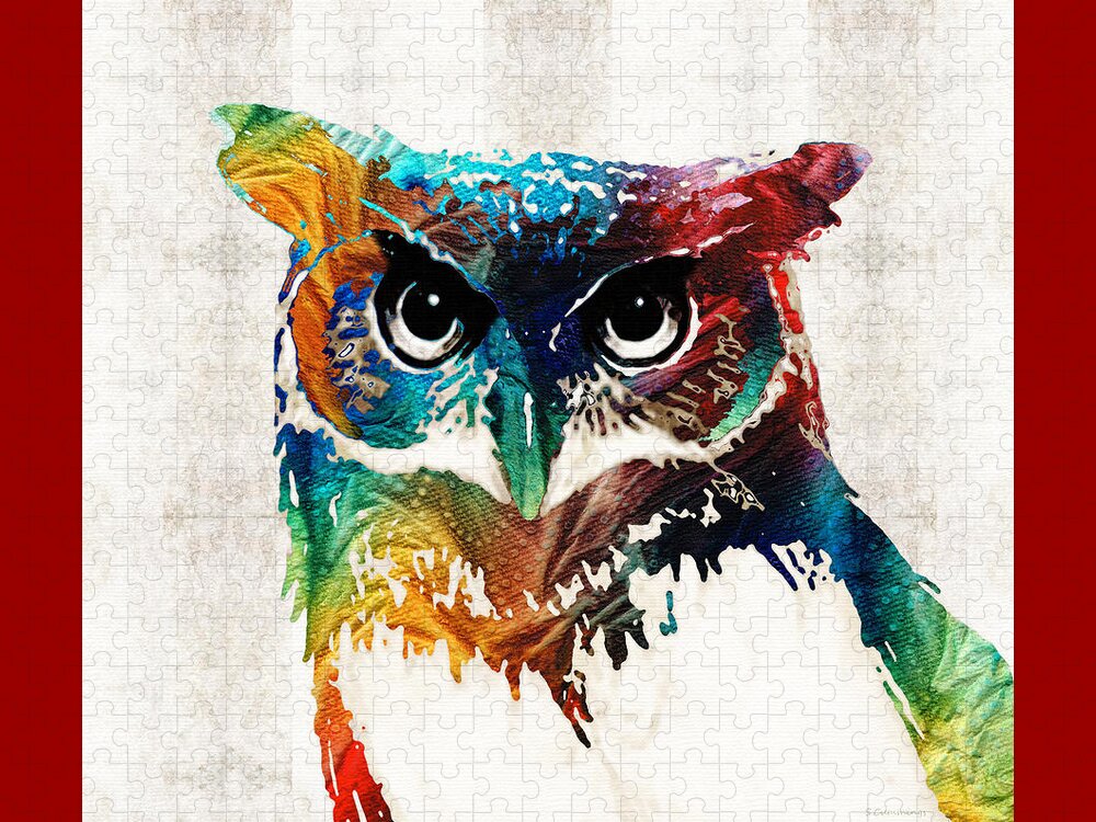 Owl Jigsaw Puzzle featuring the painting Colorful Owl Art - Wise Guy - By Sharon Cummings by Sharon Cummings