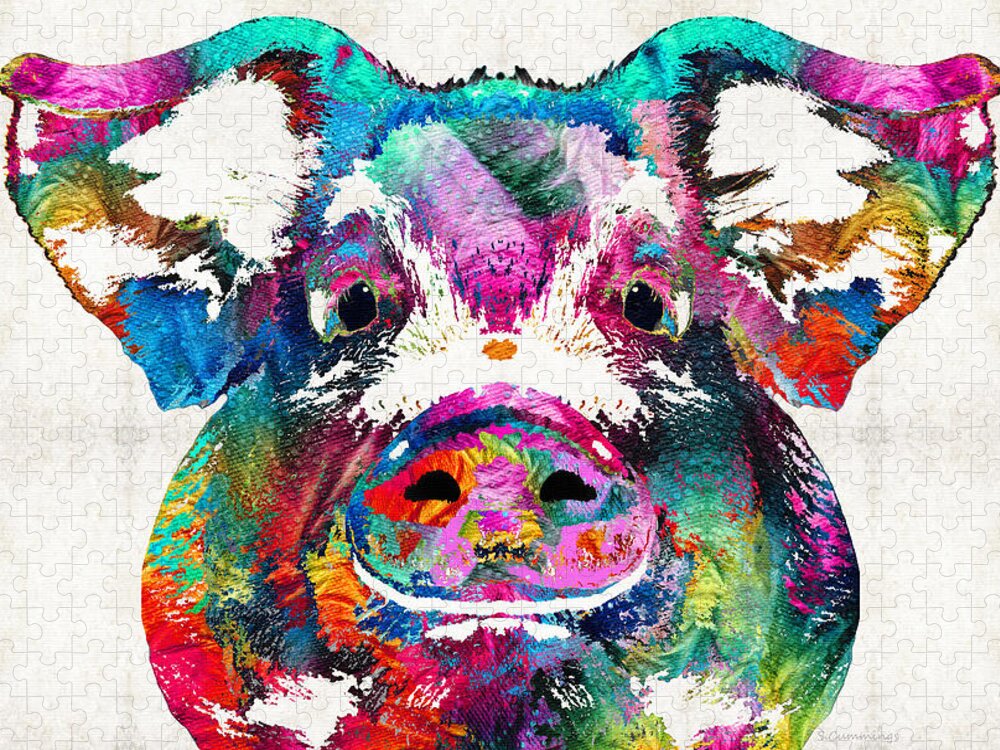 Pig Jigsaw Puzzle featuring the painting Colorful Pig Art - Squeal Appeal - By Sharon Cummings by Sharon Cummings