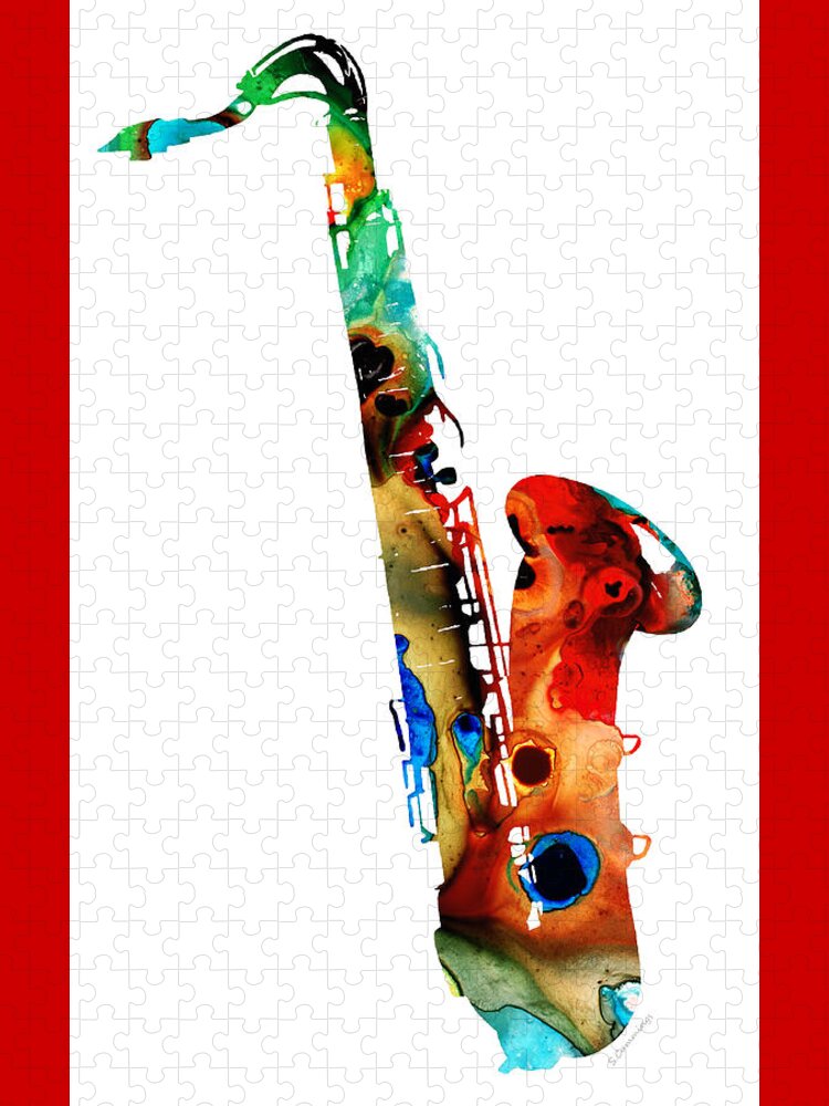Saxophone Jigsaw Puzzle featuring the painting Colorful Saxophone by Sharon Cummings by Sharon Cummings