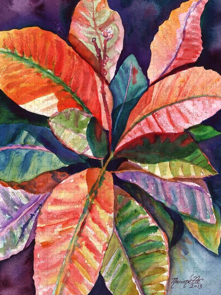 Tropical Leaves Jigsaw Puzzle featuring the painting Colorful Tropical Leaves 1 by Marionette Taboniar