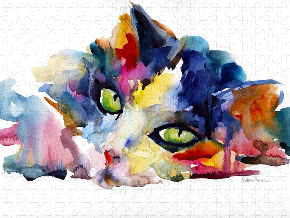 Tubby Cat Jigsaw Puzzle featuring the painting Colorful Tubby cat painting by Svetlana Novikova