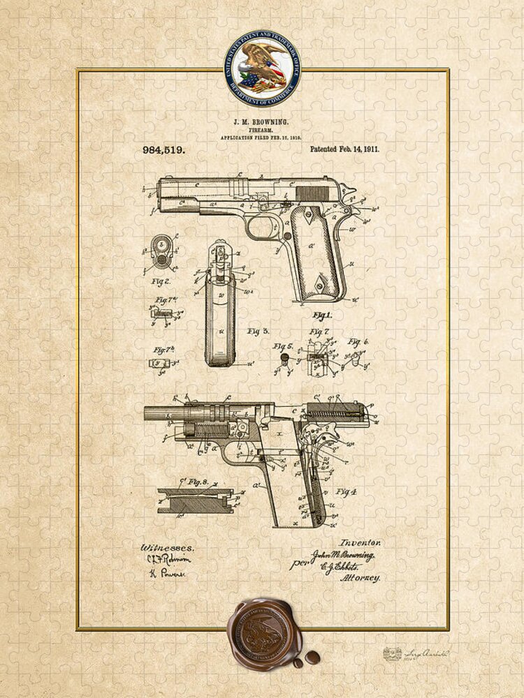 C7 Vintage Patents Weapons And Firearms Jigsaw Puzzle featuring the digital art Colt 1911 by John M. Browning - Vintage Patent Document by Serge Averbukh