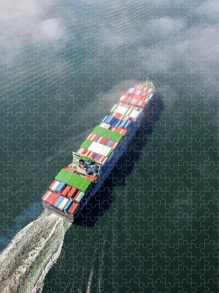 Freight Transportation Jigsaw Puzzle featuring the photograph Container Ship Sailing Into Fog by Dan prat