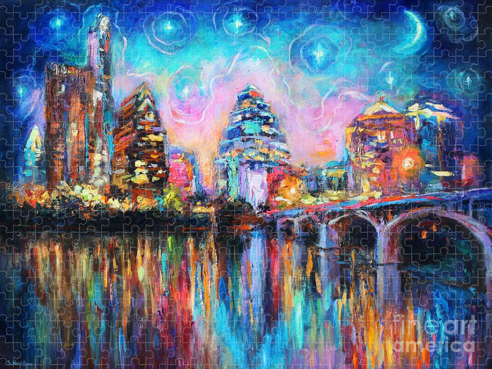 Downtown Austin Art Jigsaw Puzzle featuring the painting Contemporary Downtown Austin Art painting Night Skyline Cityscape painting Texas by Svetlana Novikova
