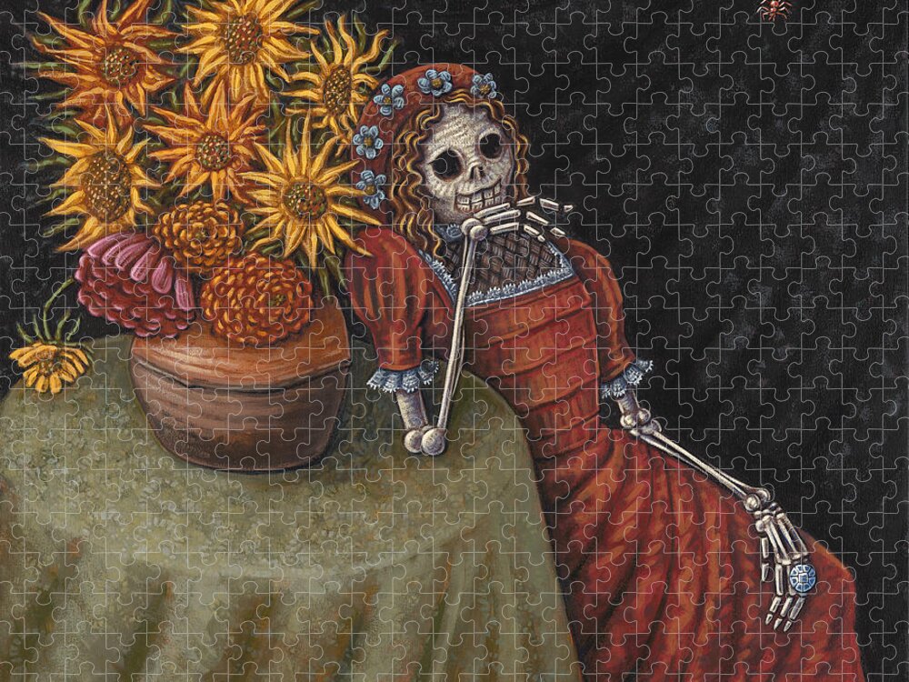 Skeleton Jigsaw Puzzle featuring the painting Conversation With a Spider by Holly Wood