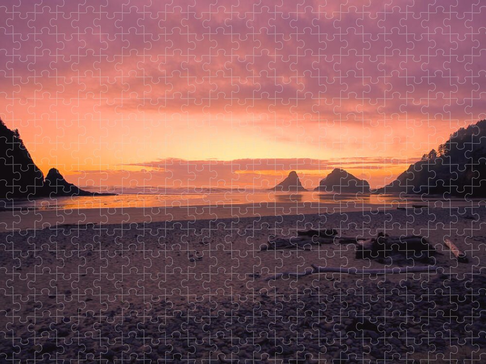 Heceta Head Jigsaw Puzzle featuring the photograph Coral Sunset at Heceta Head by Bonnie Bruno
