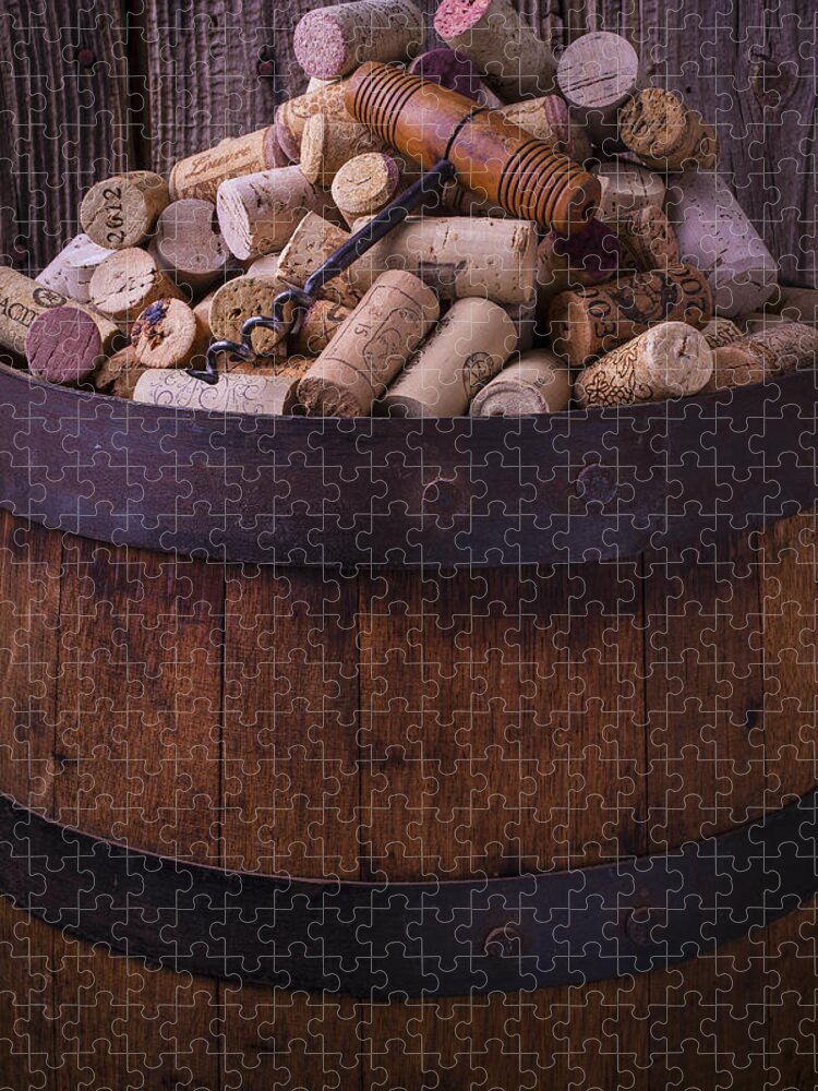 Corkscrew Jigsaw Puzzle featuring the photograph Corkscrew And Corks On Wine Barrel by Garry Gay