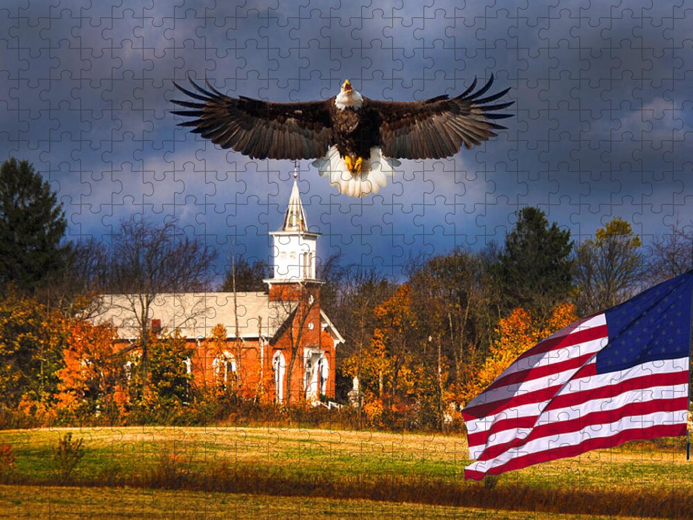 Country Patriotic Jigsaw Puzzle featuring the photograph country Eagle Church Flag Patriotic by Randall Branham