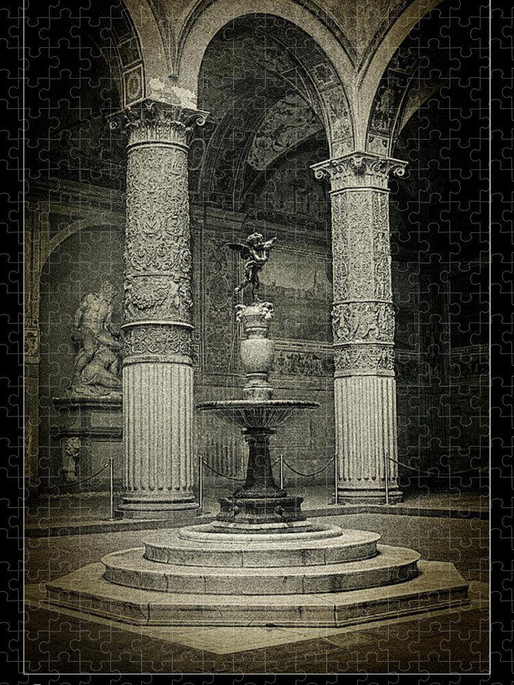 Courtyard Palazzo Becchio Jigsaw Puzzle featuring the photograph Courtyard Fountain lomo by Weston Westmoreland