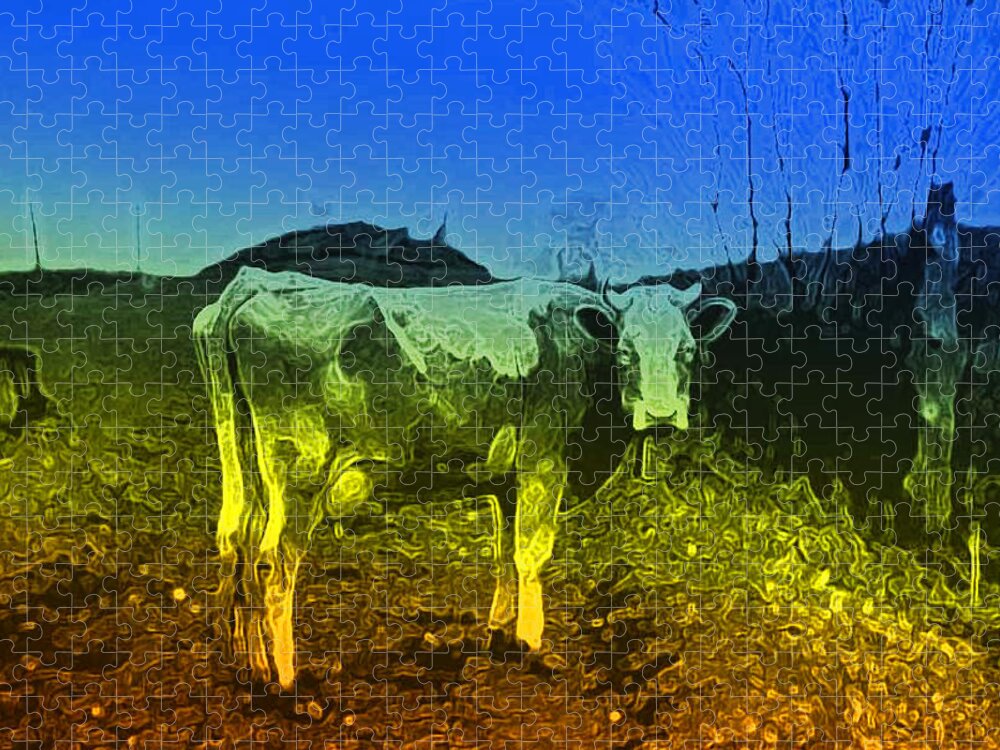 Cow Jigsaw Puzzle featuring the digital art Cow on LSD by Cathy Anderson